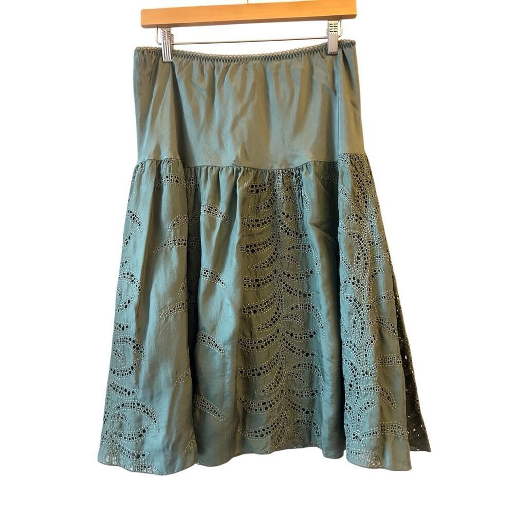 Gold Hawk 100% silk boho eyelet skirt olive green sz L lagenlook
